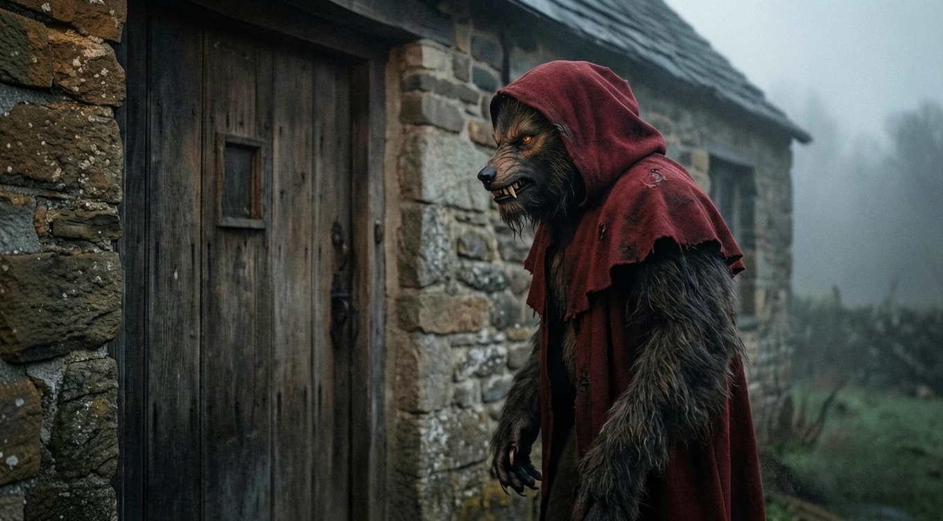 Brutal, realistic anthropomorphic The big bad werewolf dressed as little red riding hood in a vibran…