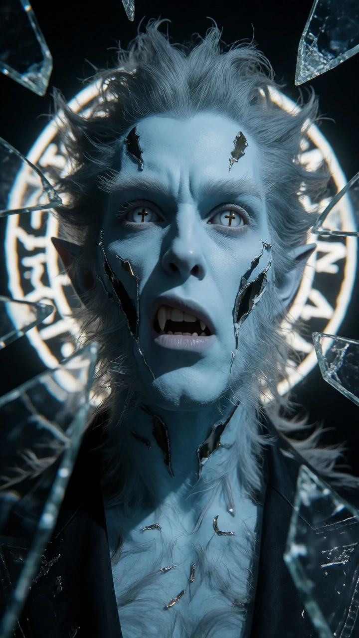A vampire-werewolf hybrid with luminescent porcelain-blue skin and pulsing white eyes each containing an inverted tarnished gold cross. His face fractures mid-transformation—shards of skin peeling away to expose raw flesh and shifting fangs. Pointed