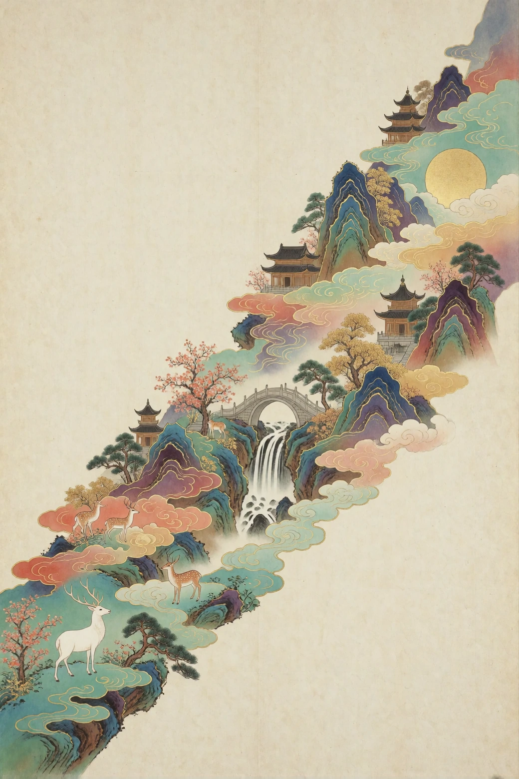 Traditional Chinese gongbi ink and watercolor painting of a celestial mountain realm rendered as a single diagonal ribbon of landscape sweeping from the lower left corner up to the upper right, floating in vast empty space. The composition is dominat