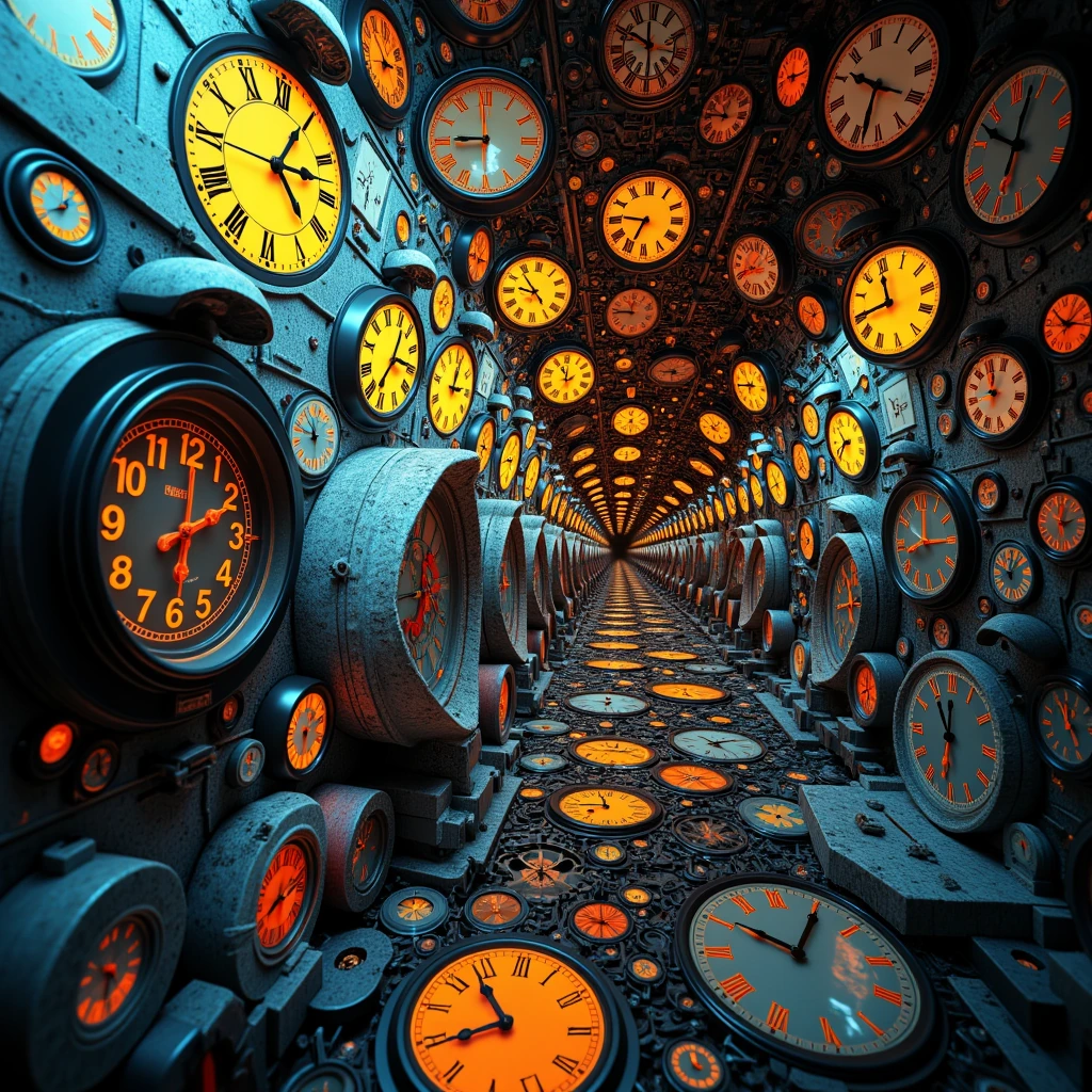 MC Escher pic of analog clocks and LCD digital clocks distorting and melting in random ways