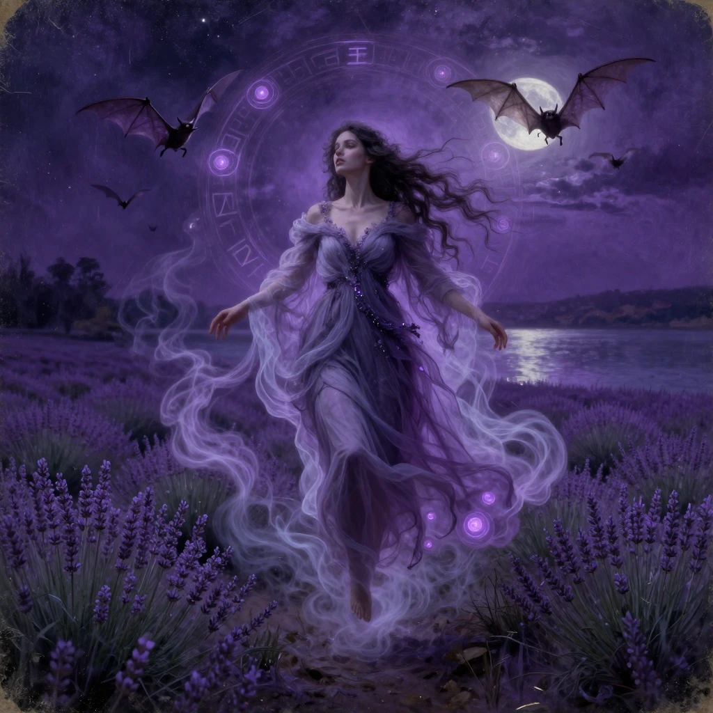 A full-length portrait of an ethereal, breathtaking beauty: a mystical woman, a traveller of dreams, floating weightlessly through an endless, terrify