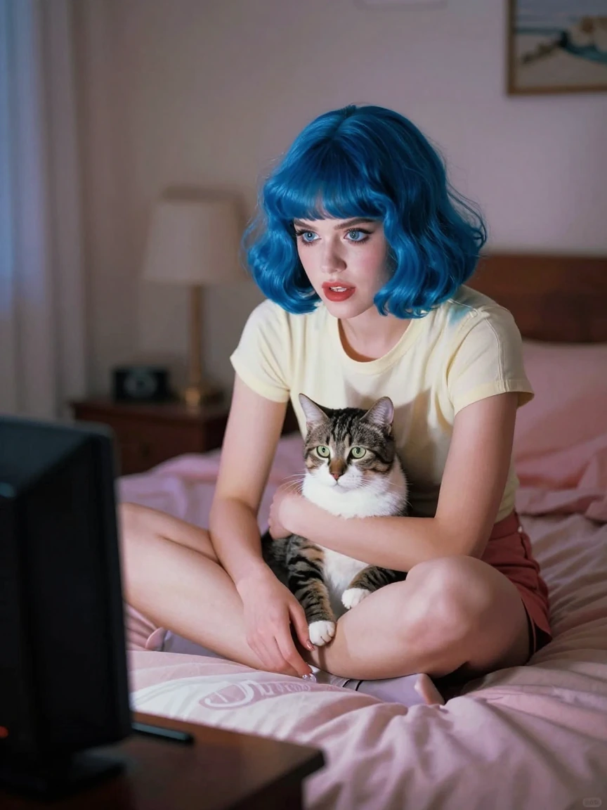 Vintage 70s Crazy girlfriend, blue boba girl watching TV in bed with her cat.