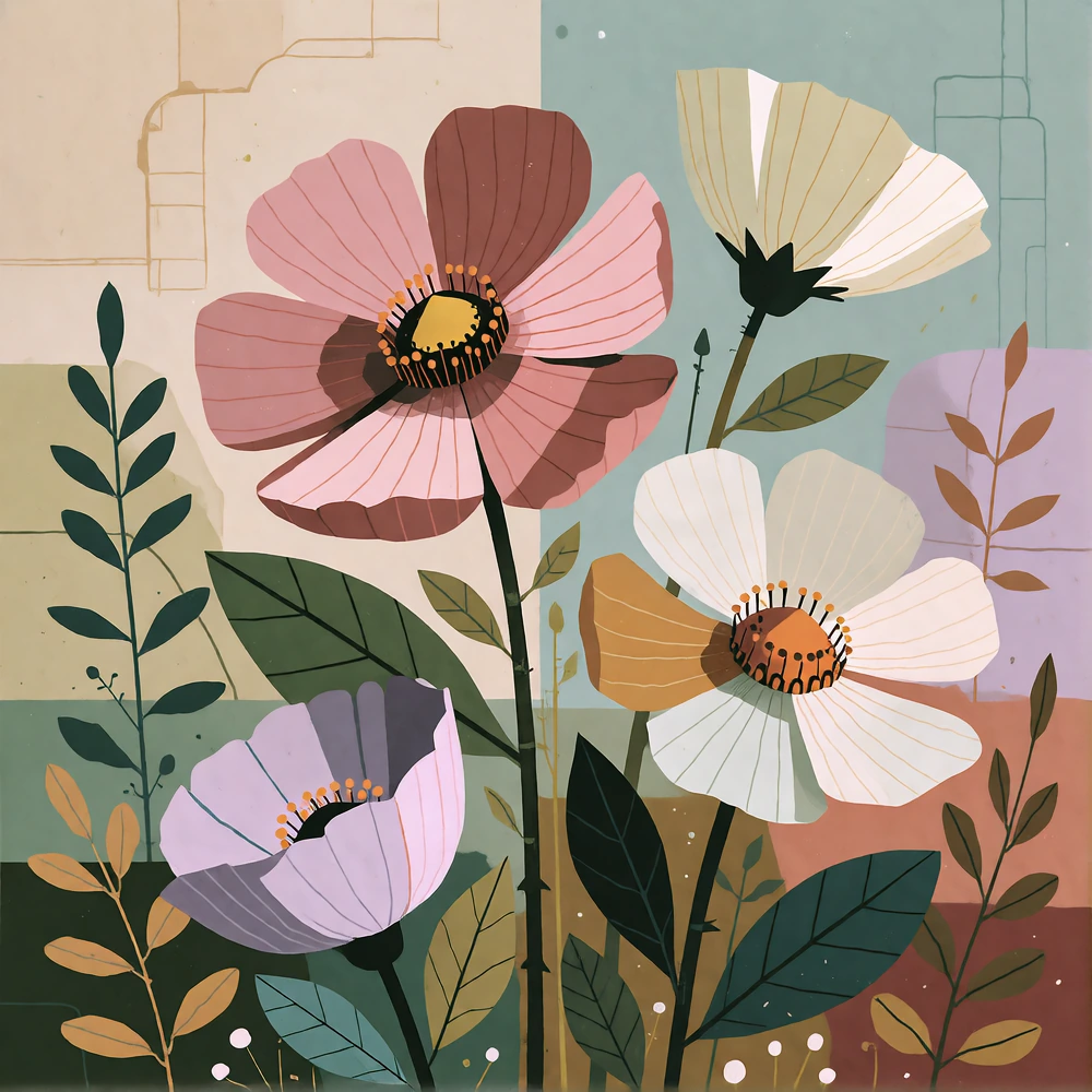 2D vector illustration of stylized flowers in muted pastel palette—dusty rose, sage green, soft lavender, cream, pale ochre—with clean geometric petals and stems, flat color fills, minimal line work, botanical simplicity with art deco influence.