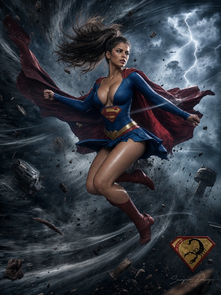 A woman with voluminous dark brown hair in a sleek high ponytail, wearing a deep-V Superman suit with miniskirt, suspended mid-tornado with her body twisted and hair and cape whipped by violent spiral winds. Shot as a high-speed freeze-frame: dust an