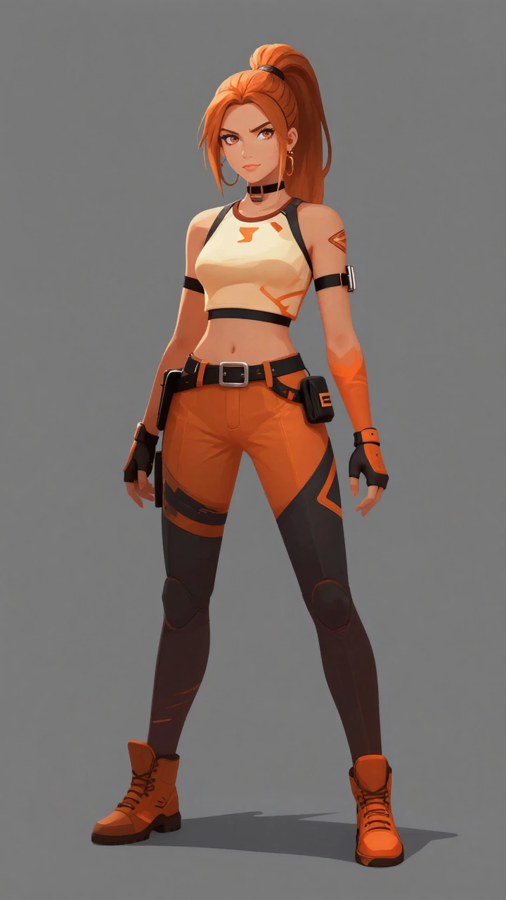 Masterpiece, original character, orange egamer woman with high ponytail, stylized illustration, original character, full body of a woman around 25 yea