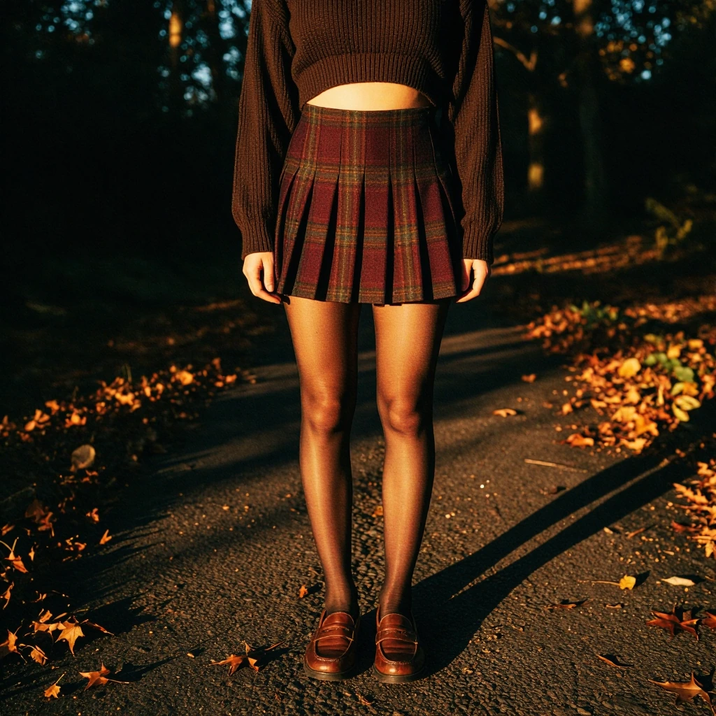 A woman in a fitted fall ensemble: cropped dark brown ribbed knit sweater hugging her torso, high-waisted burgundy plaid mini skirt with sharp pleats, sheer burnt-orange tights, and cognac leather loafers. Shot in golden-hour backlight on a forest pa