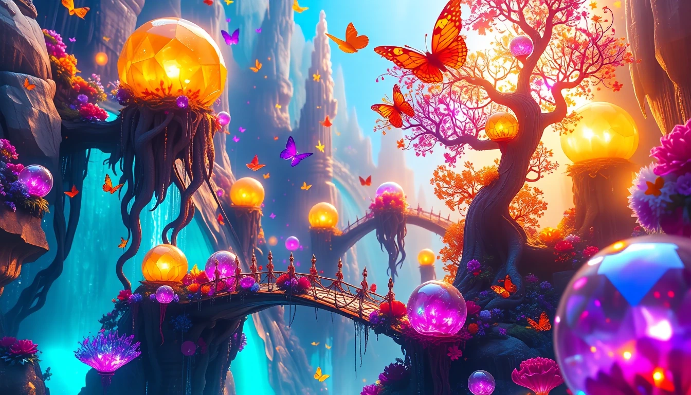 A transcendent dreamscape where crystalline consciousness blooms from fractured dimensions, iridescent geometric flowers with petals made of liquid starlight and fibonacci spiral cores floating in impossible architectures of translucent amber and sap