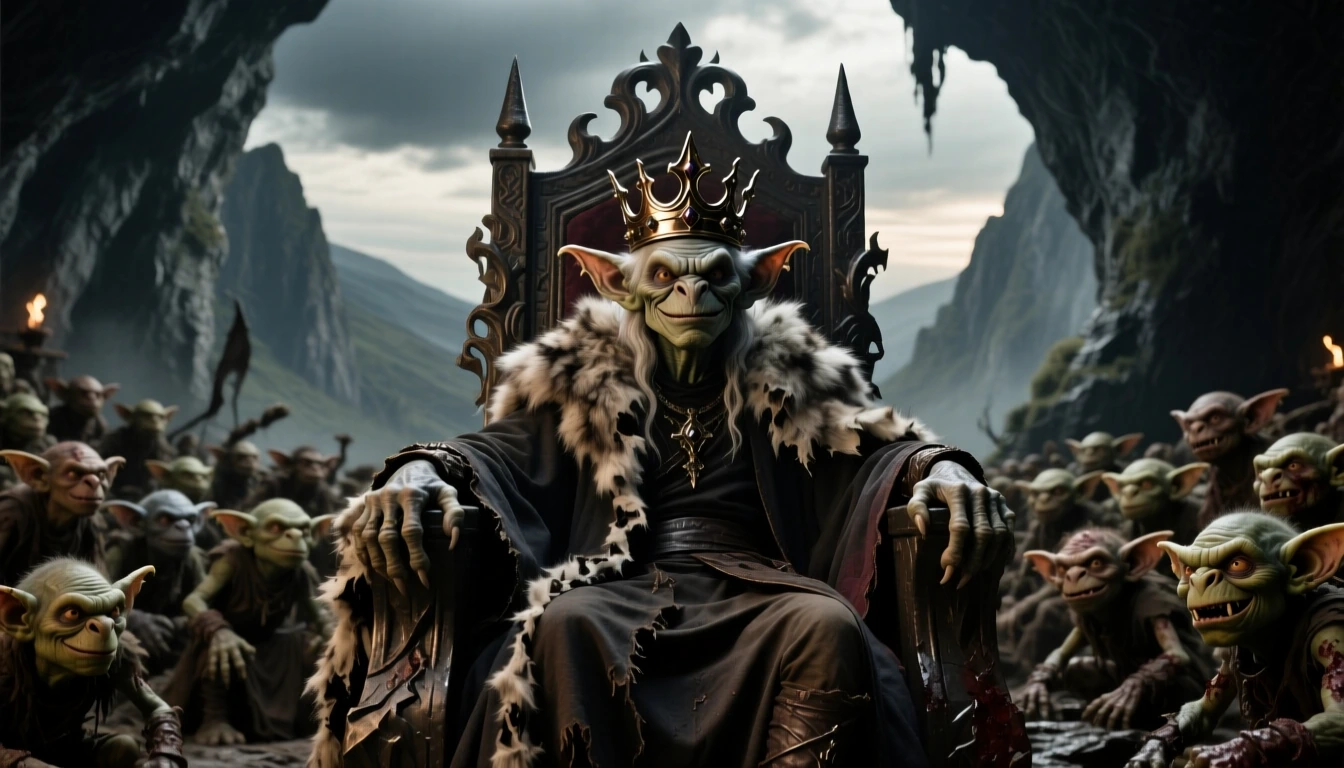 Seated upon a the grandest throne like chair the slender but vicious Goblin King in the tin crown and ruined fur trimmed cloak looked ridiculous amongst the squaller of the Goblin Caves teaming with his filthy brethren.