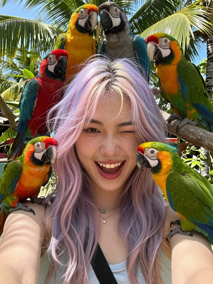 Crazy girlfriend pastel hair,taking a selfie with a bunch of parrots. They are all different colors and they look like they have great personalities. Sunny day. Tropical vibes. Fun time!
