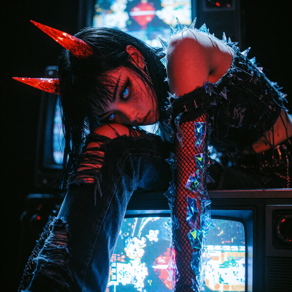 Shot on Fujifilm X-Pro3, 35mm f/1.4 lens, pushed Kodak Portra 800 in post-processing. Harsh tungsten practical lighting from stacked CRT monitors creating chromatic separation and screen-glow on subject's face. Shallow depth of field isolating the fi