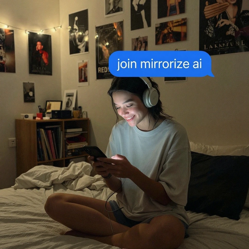 1girl, early 20s, checking phone, sitting on bed, bedroom, listening to music, happy face, headphones, over-ear headphones, casual clothes, oversized 