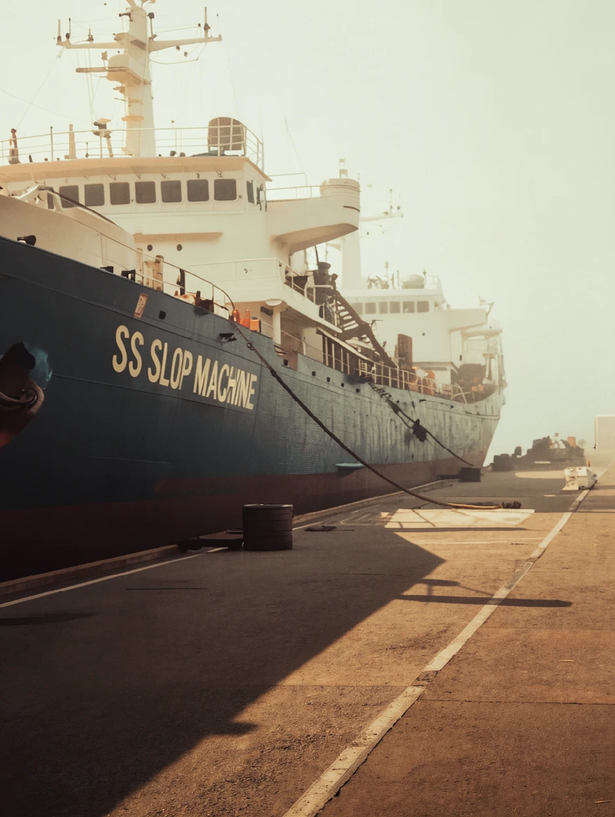 add the text SS SLOP MACHINE on the side of the boat