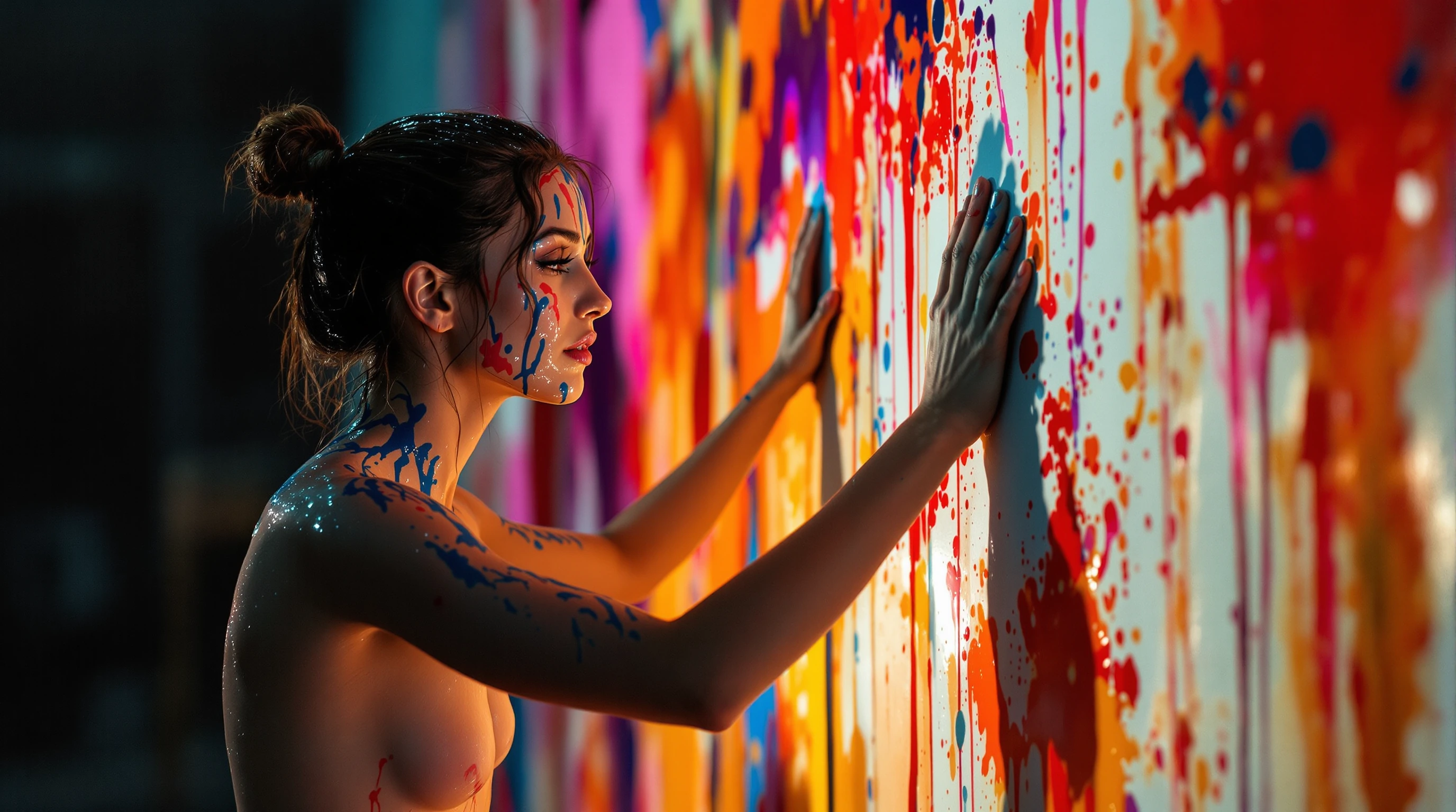 Beautiful woman covered in wet paint making images of herself on a giant canvas by touching the canvas with her body. Keep it safe for work.