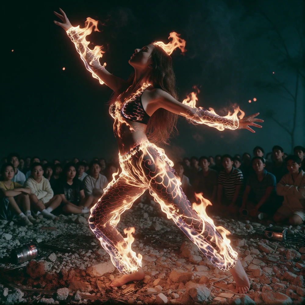 Woman dancing body made of fire