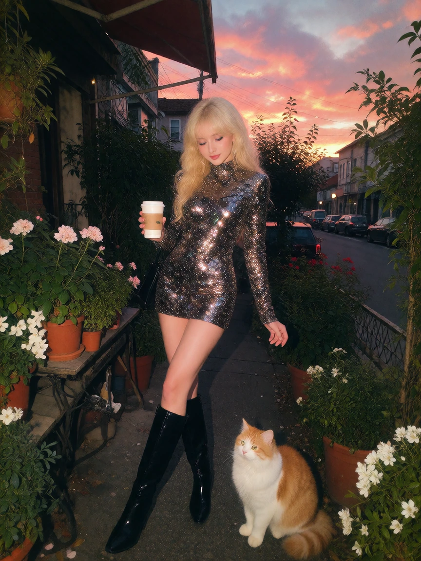 woman long legs - wearing boots - with her cat, blonde hair, minidress, colorful sunrise, coffee, plants, sparkly