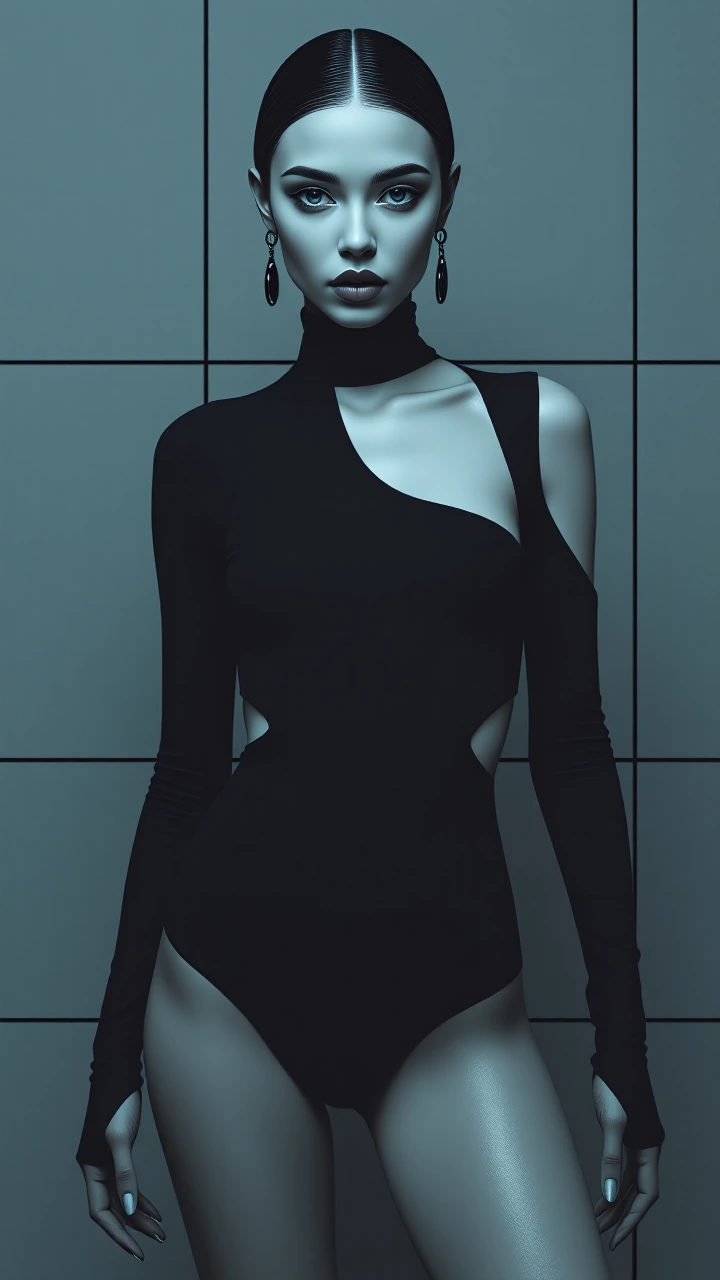 A minimalist geometric shift in attire and palette. She now wears a sleek, architectural bodysuit with sharp cutouts at the shoulder and ribsmatte black, highneck, longsleeve, hugging her form like a second skin. The color tone moves to cool greyscal