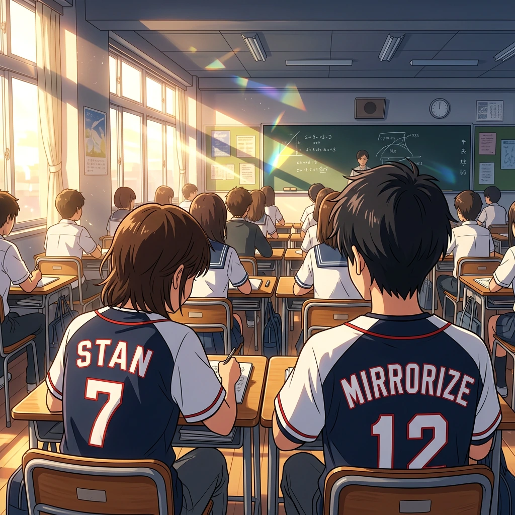 pov of two kids at the back of the classroom, over the shoulder shot.. both kids are wearing baseball jerseys one says Mirrorize and the other says Stan. The image in anime style