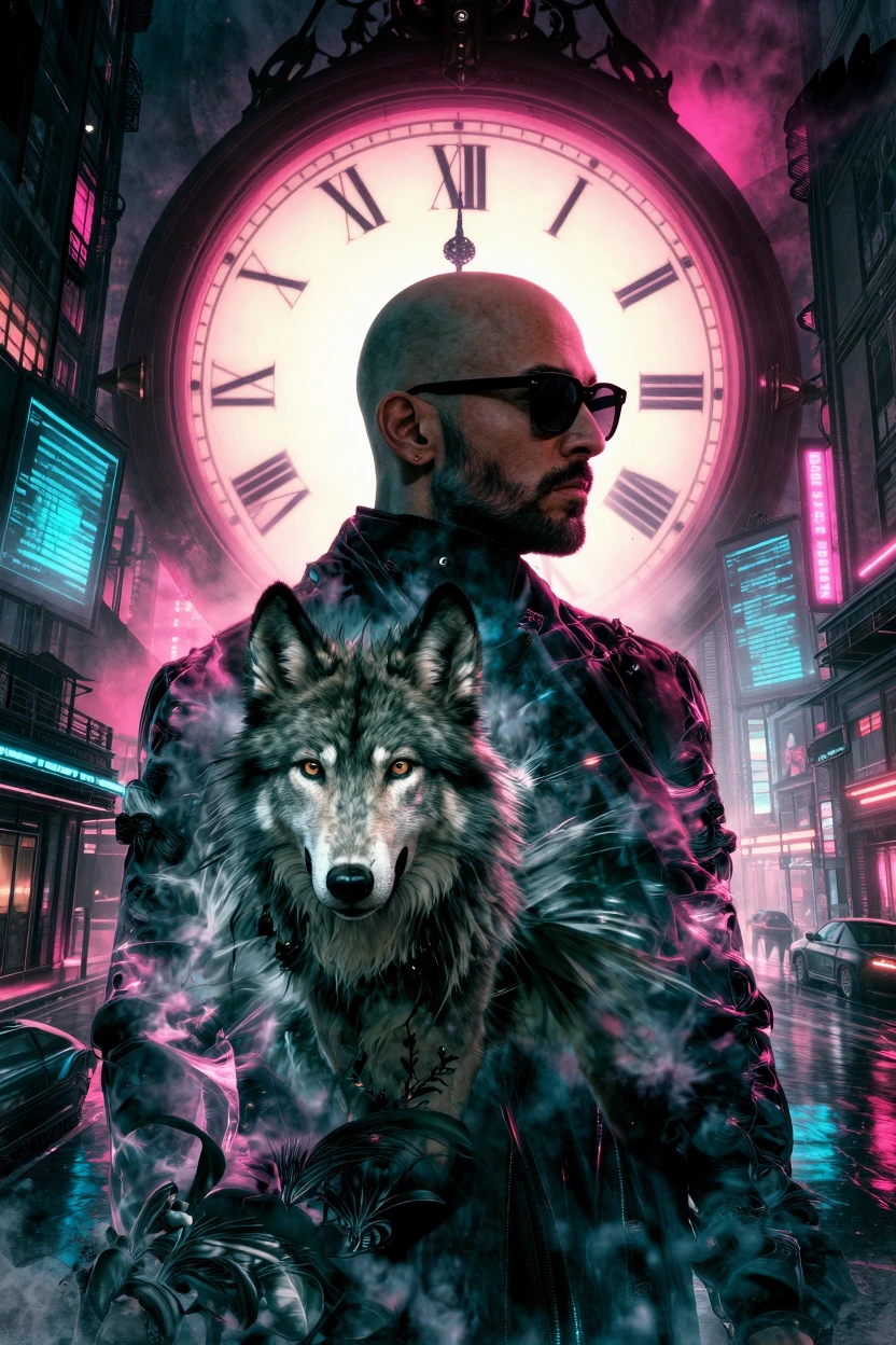 a clockmaker's apology, a bald man with trimmed beard and sunglasses with wolf pup, double exposure with giant clock