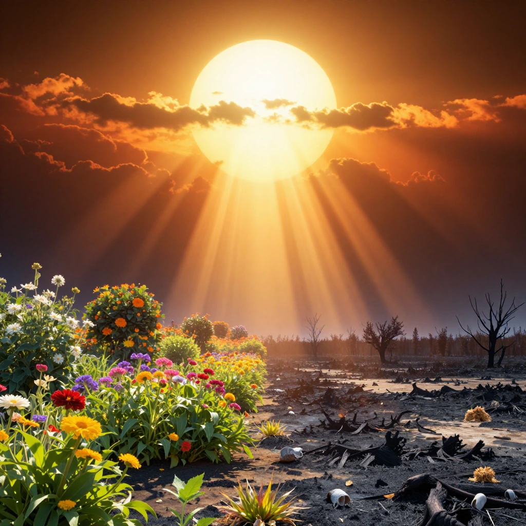 wide landscape shot of a garden under an intense, massive burning sun dominating the sky. dramatic sunbeams piercing down like laser rays, scorching the earth. one half of the landscape lush with vibrant green plants and colorful flowers in full bloo