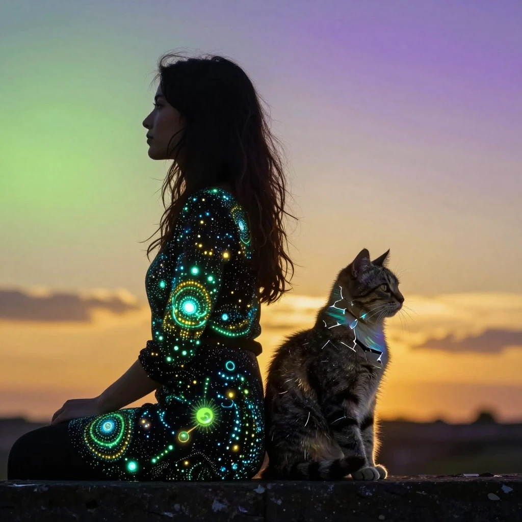 Woman's silhouette filled with bioluminescent patterns and a cat with fractured prismatic fur sitting back-to-back at sunset, where the sky bleeds in impossible gradient colors of lime, violet, and gold.