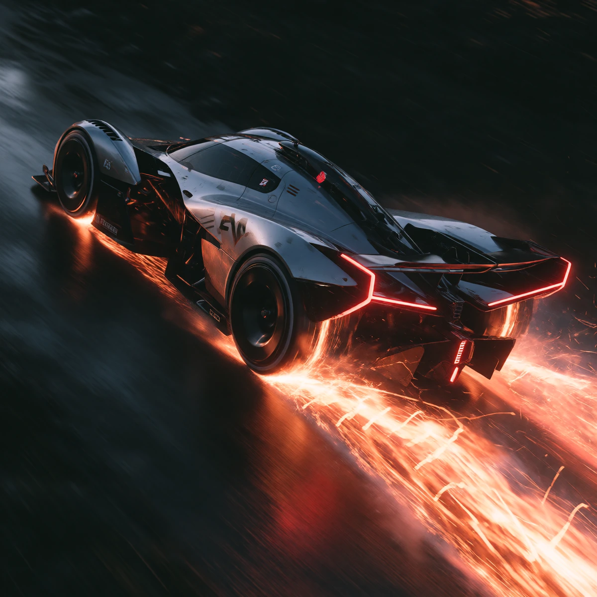 Futuristic racing car leaving a plasma trial in its wake as it scythes through the air