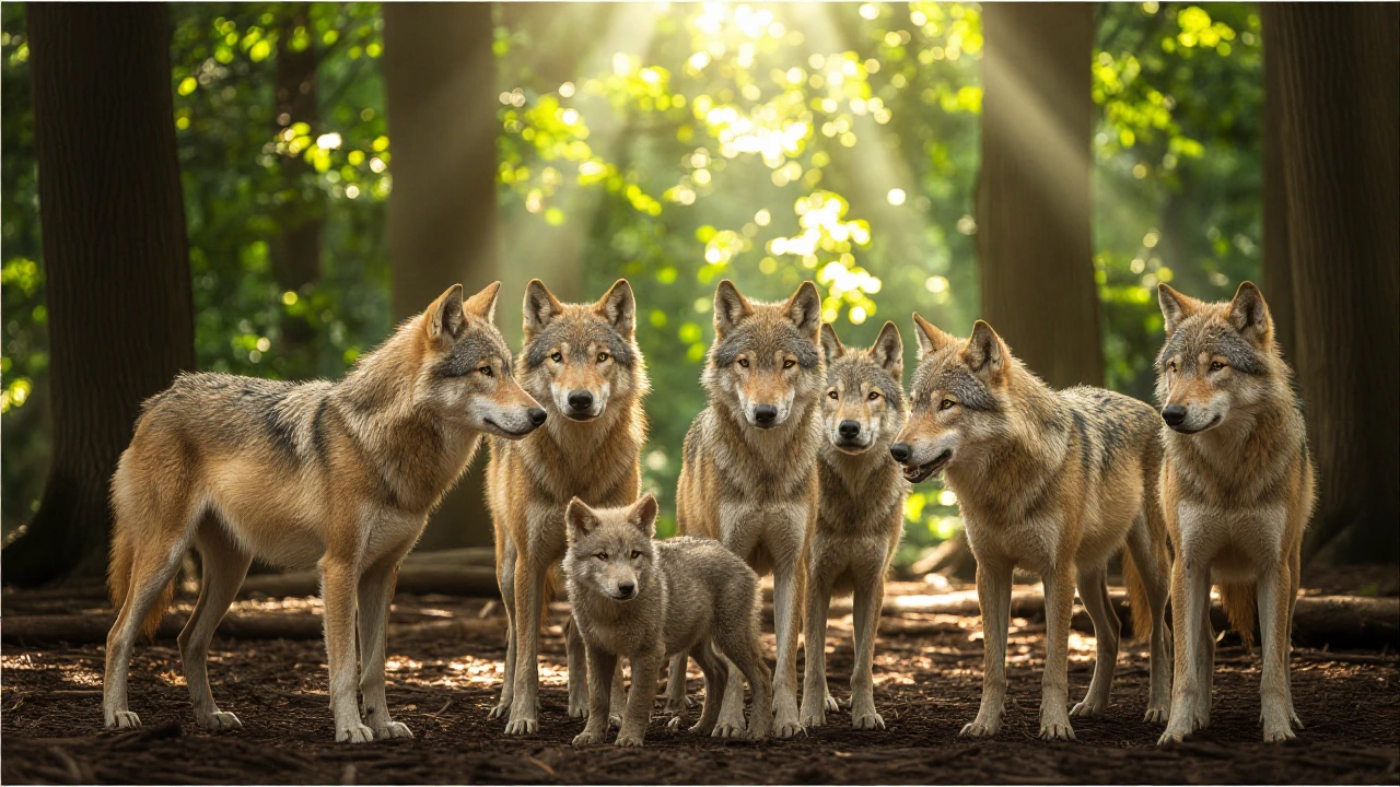 A pack of wolves surround a newborn baby wolf pup in a forest grove with rays of light streaming through the canopy. They are protective and defensive.