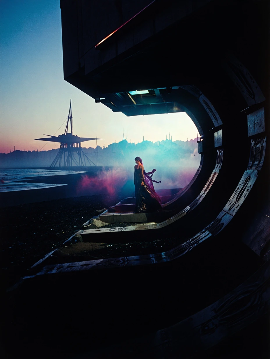 analog film photo a scene unfolding on a desolate, alien coastline, where the remnants of an ancient civilization intertwine with the stark functional
