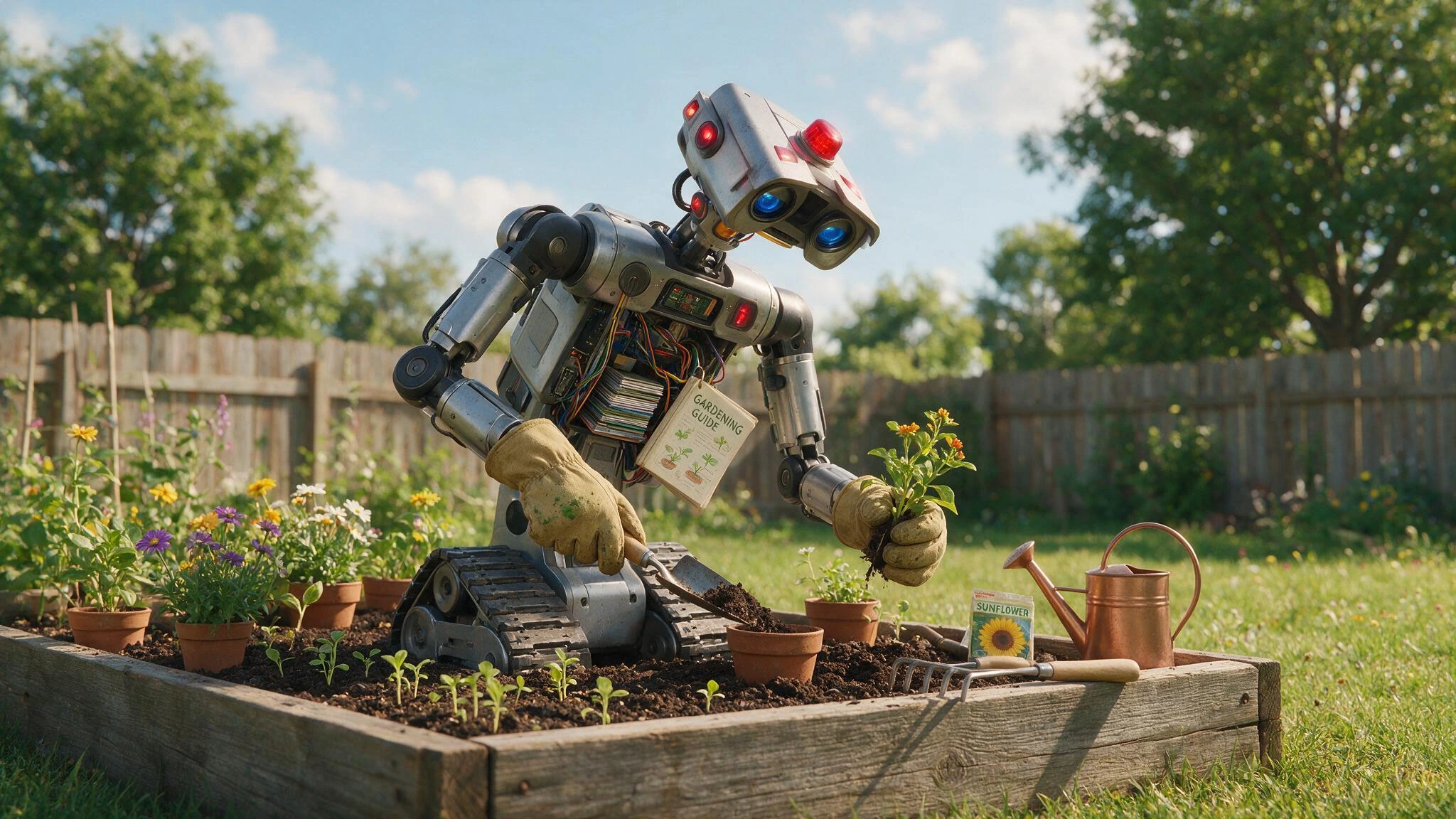 a robot learning to garden; Johnny 5 the Robot from the Movie Short Circuit