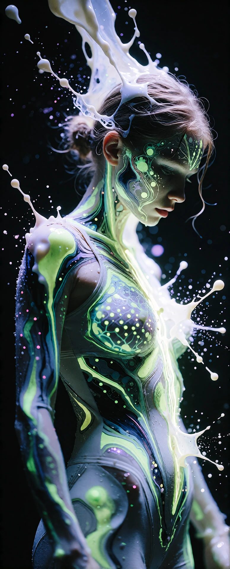 A hyper-detailed, cinematic masterwork of a striking human model standing gracefully in absolute pitch darkness, illuminated exclusively by intense, high-output ultraviolet black lights. The model is dressed in a sleek, form-fitting minimalist athlet