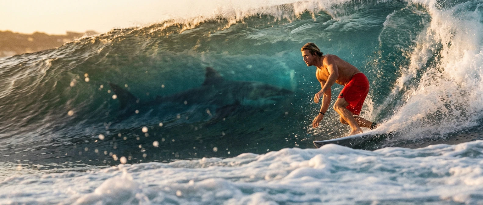 blond male surfer in vibrant red board shorts riding a massive translucent ocean wave at golden hour, wide-angle shot from water level, dynamic cutback, spray exploding off the rail of his board, muscular physique, focused expression, unaware of lurk