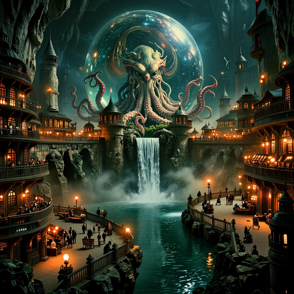A magnificent medieval walled desert city with a unique feature a central lagoon fed by a waterfall flowing from a huge crystal ball full of water inside which swims a Lovecraftian tentacled god resembling a giant octopus with a humanoid face. The ci