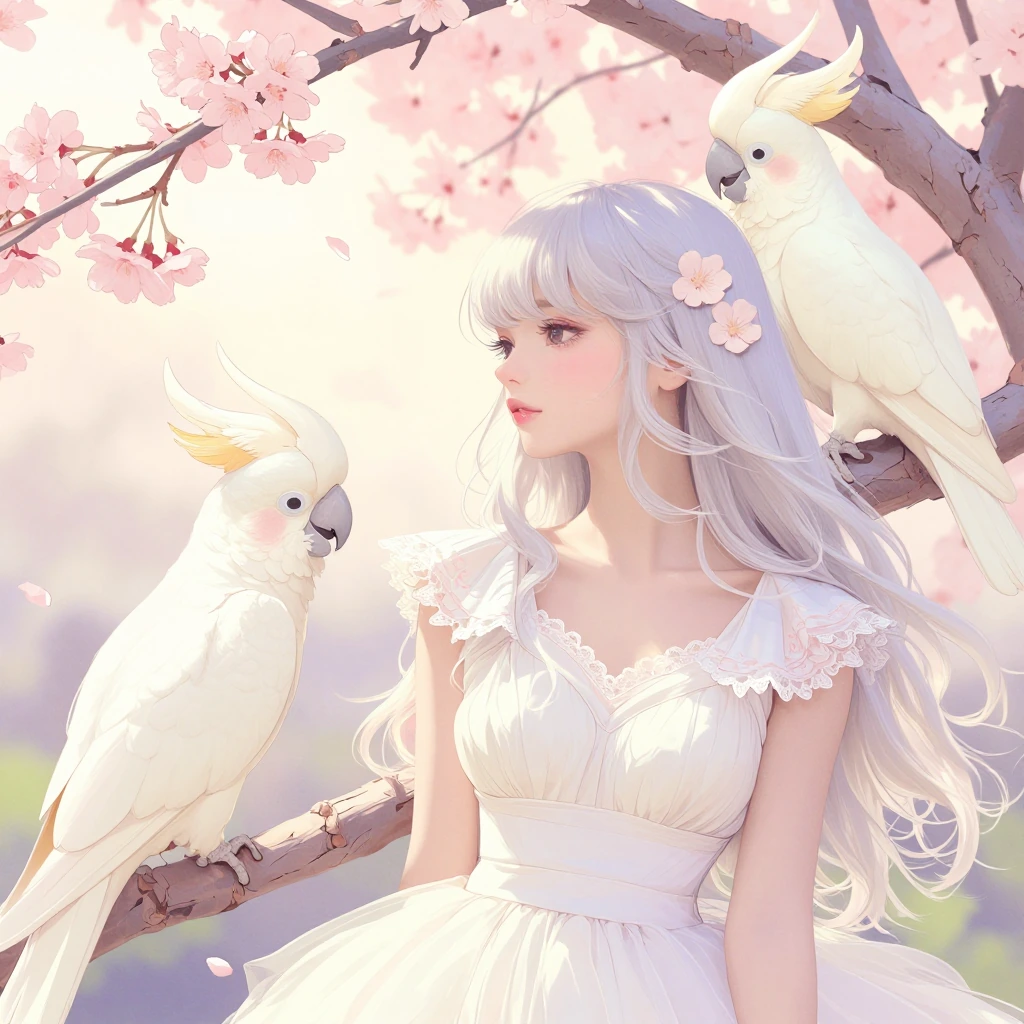 soft summer dream aesthetics: platinum silver hair, elegant white cockatoos with feathered crests, cherry blossoms, pale gold sunlight, airy garden scene, pastel pinks, lavenders, cream tones, watercolor textures, delicate floral details, dreamy fash