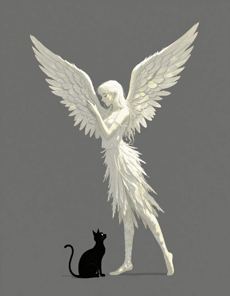 Iridescent rainbow angel, goth, with a cat