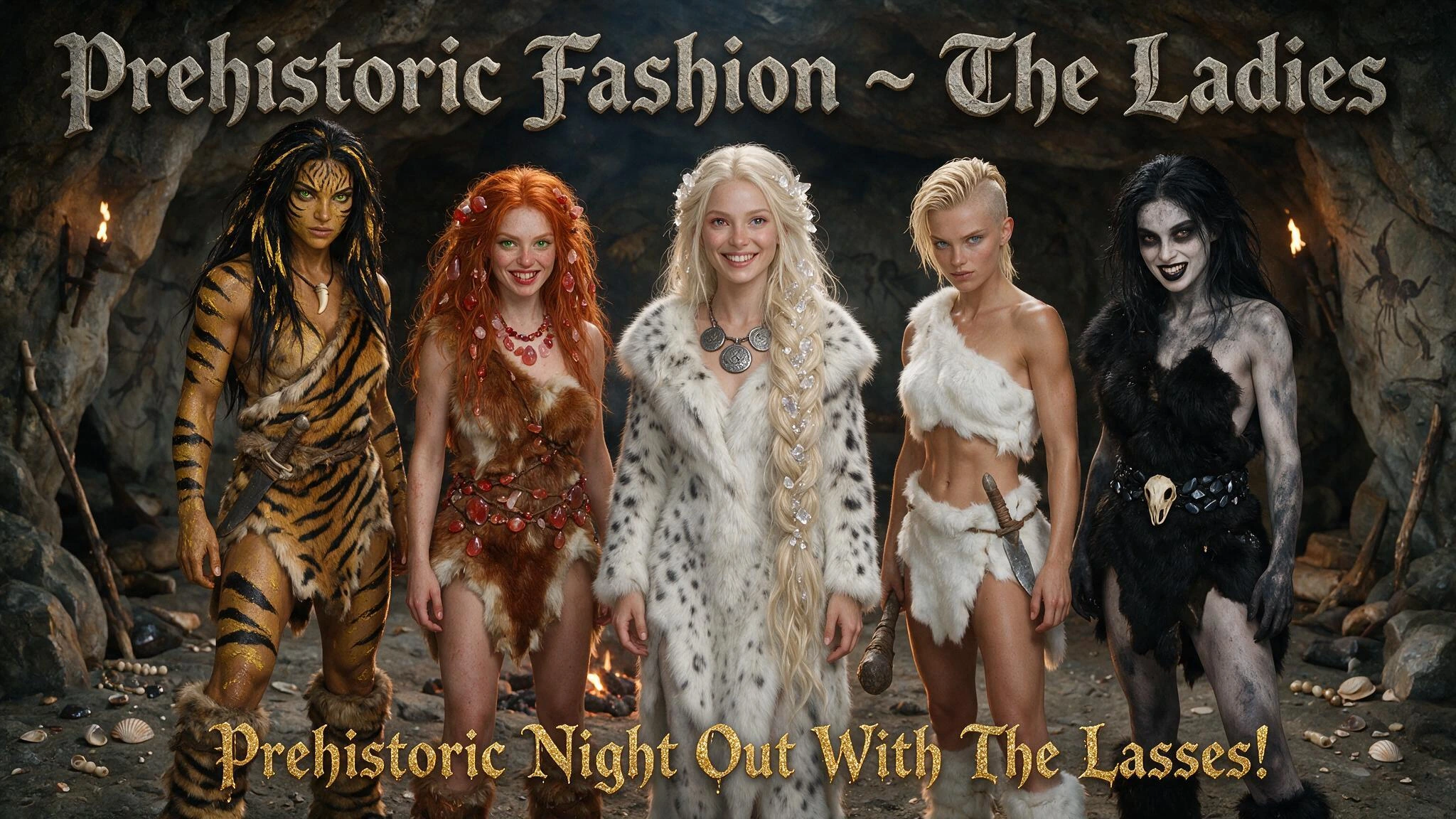 Title: Prehistoric Fashion ~ The Ladies (Written in Gothic Stone Effect Lettering) A group of five Caucasian Cavewomen each unique in height, weight, build, fur & hide clothing, hair styles and bone, stone, shell and bead jewellery: Tigress: The tall
