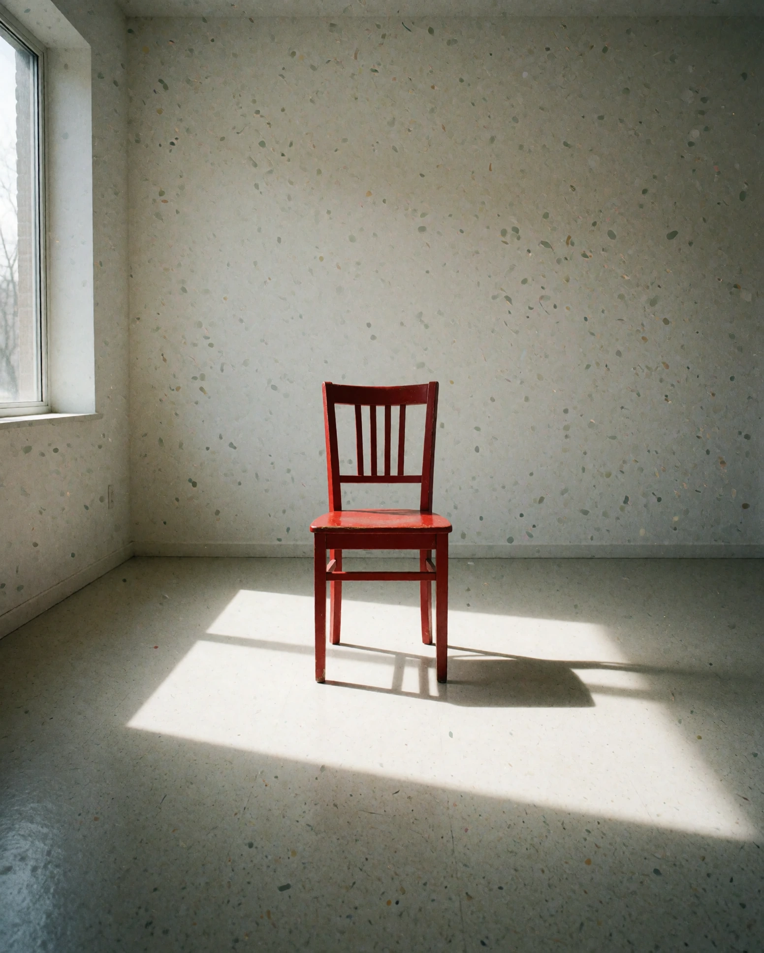 A single red wooden chair in the exact center of an empty white room, sunlight from one unseen window casting its long shadow across the floor. Nothin