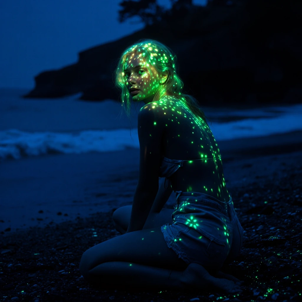 Cute Bioluminescence woman beach side deep detailed