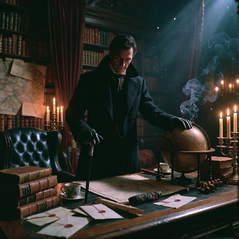 Capture a shadowy villain lurking in an opulent dim study, half his face lit by flickering candlelight, the other half consumed by darkness, revealing a thin, calculating smirk. Dress him in a tailored black coat with high collar, dark leather gloves