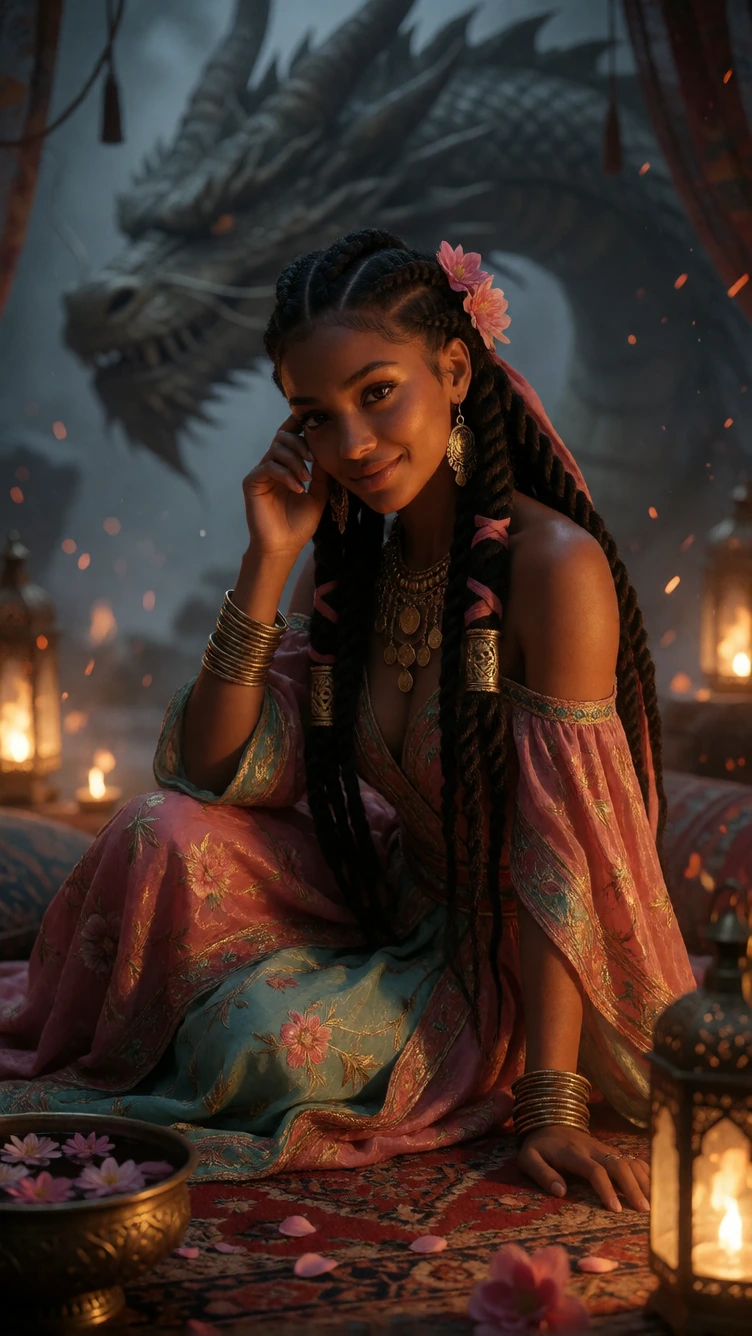 Photorealistic intimate portrait of a young dark-skinned woman in an ornate bohemian setting as an enormous ancient dragon looms beyond. Warm golden-hour light blends with firelight on her rich amber skin; three-quarter top-down angle, shallow depth 