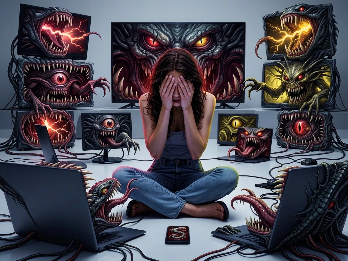 The screens must look like scary monsters ready to attack the woman