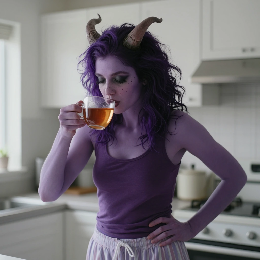 masterpiece, best quality, very aesthetic, absurdres, detailed face, highly detailed, high resolution, purple skin, horns, black eyes, multicolored hair, black hair, purple hair, full lips, small round birthmark spots on her upper cheeks, smoky eyeli