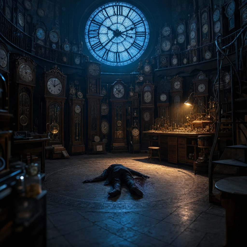 A high-detail, cinematic wide shot of a man lying face down on a stone floor in the center of a mysterious, gothic clockmaker's workshop. The room is circular and densely packed with antique grandfather clocks lining the walls. Above, a massive, orna