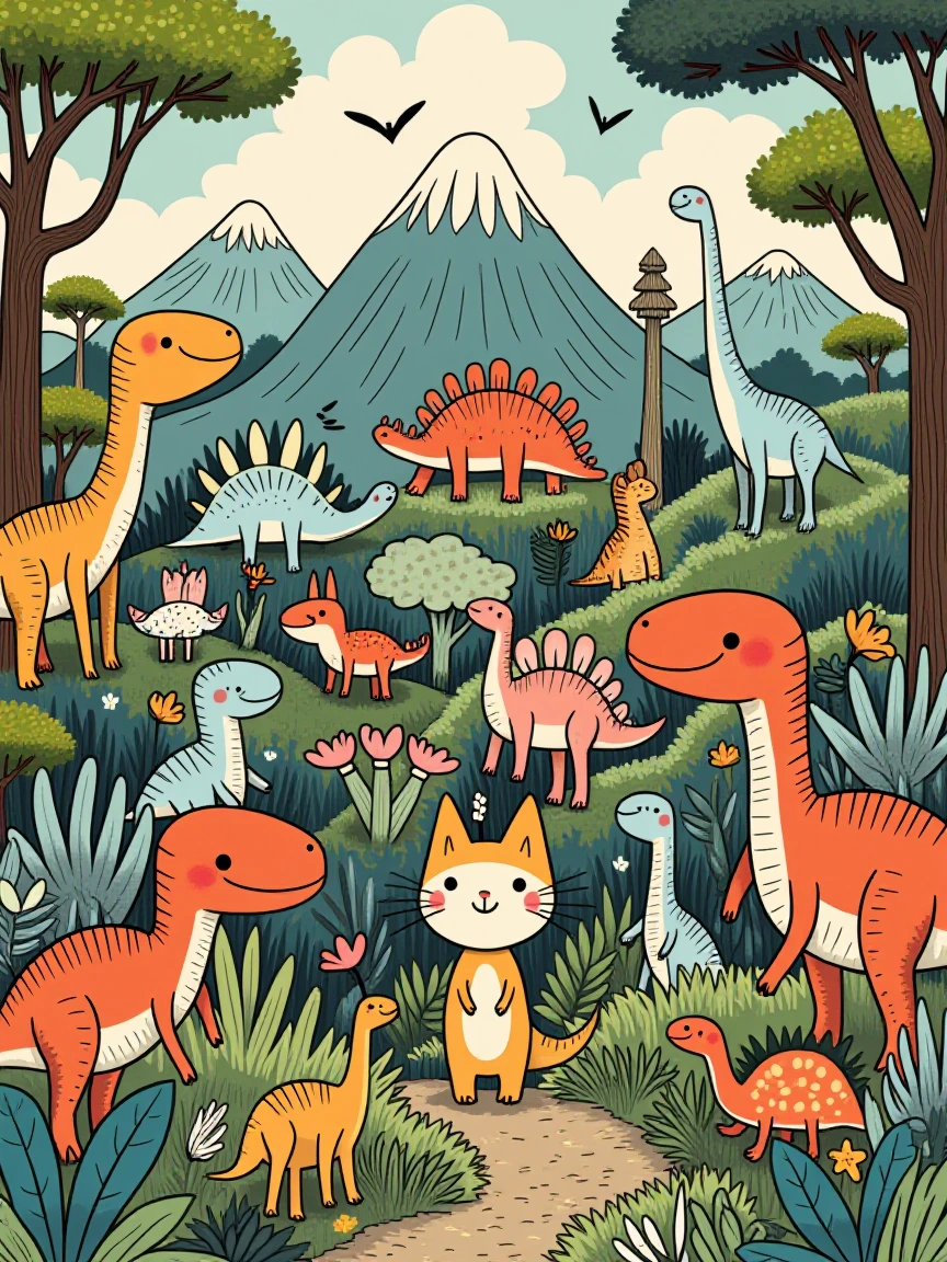Kawaii prehistoric Dino paradise. Many different types of dinosaurs with a small cat