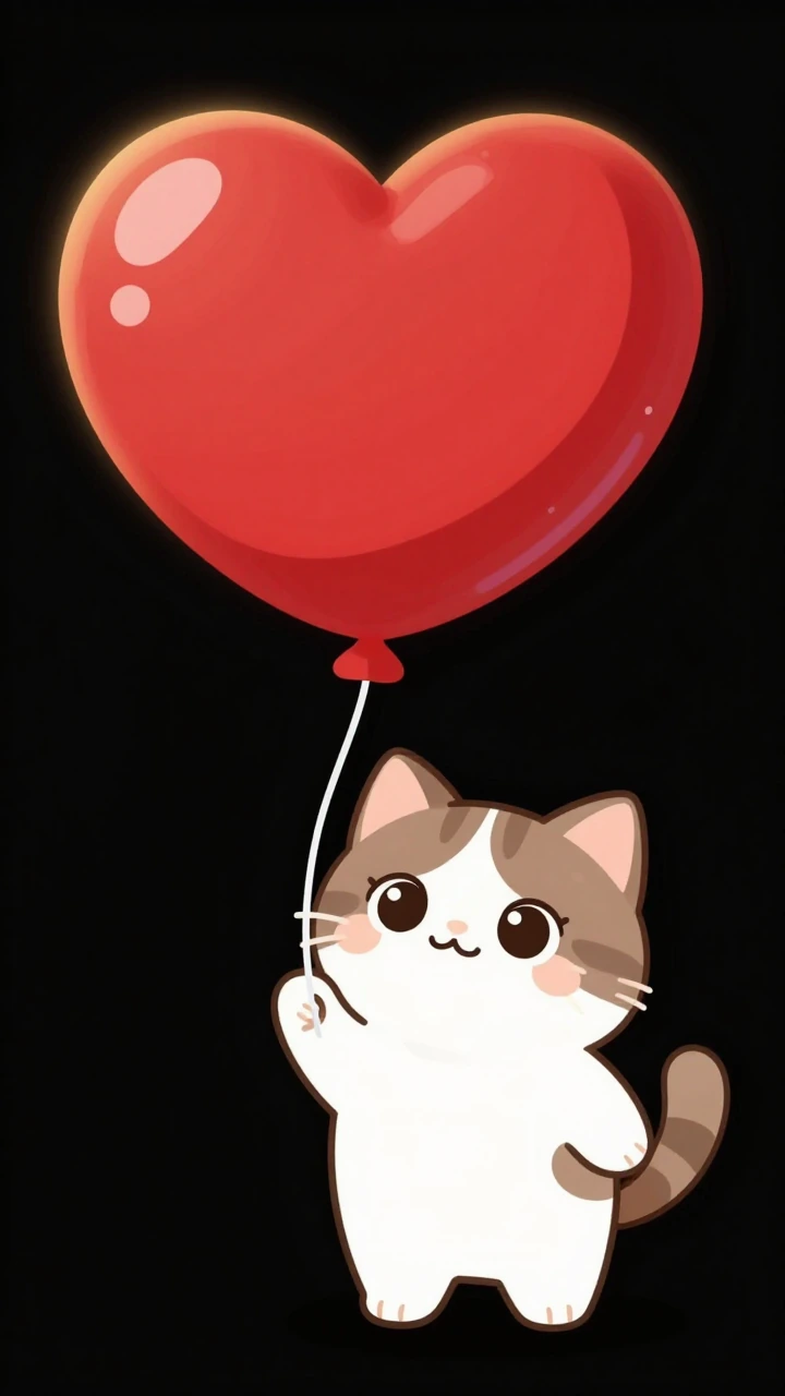 Cute cartoon kitten with white and brown patches, oversized sparkling eyes, holding a giant glossy red heart-shaped balloon by its string—floating upward against solid black, soft golden rim-light on the fur and balloon surface, minimal composition w