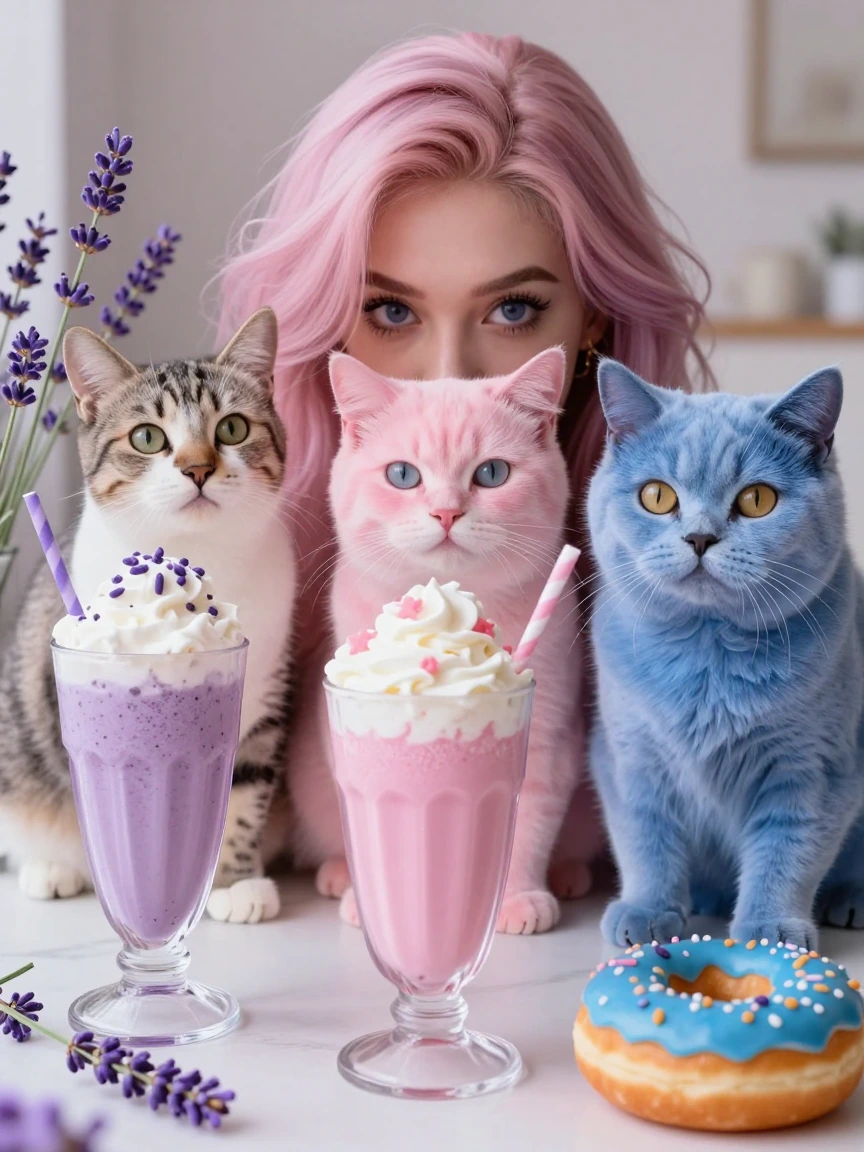 Lavender, cat, lavender milkshake, pink cat, pink fancy frappe, blue cat, blue doughnut, crazy girlfriend pastel hair peeking behind them. Fun morning.