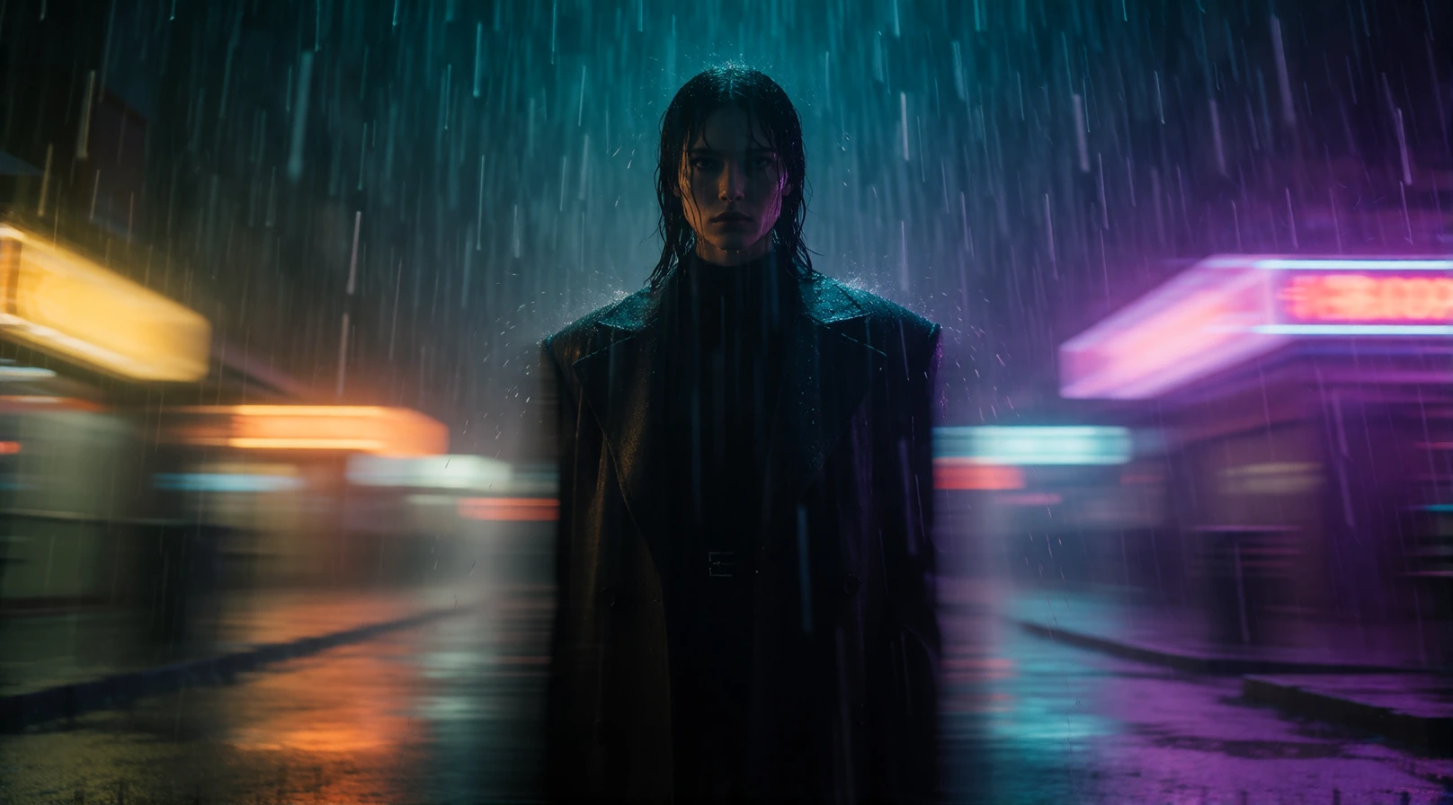 16:9 keyframe, high-grade cinematic still with raw avant-garde treatment, heavy motion blur, and saturated color washes, --sref 3785178231 3983503629 363999638 3293101421 A striking cyberpunk woman stands alone in heavy rain on a neon-soaked city str