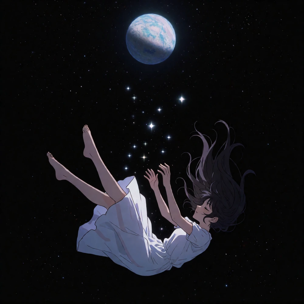 Woman plummeting through starlit void toward distant planet, weightless and serene.