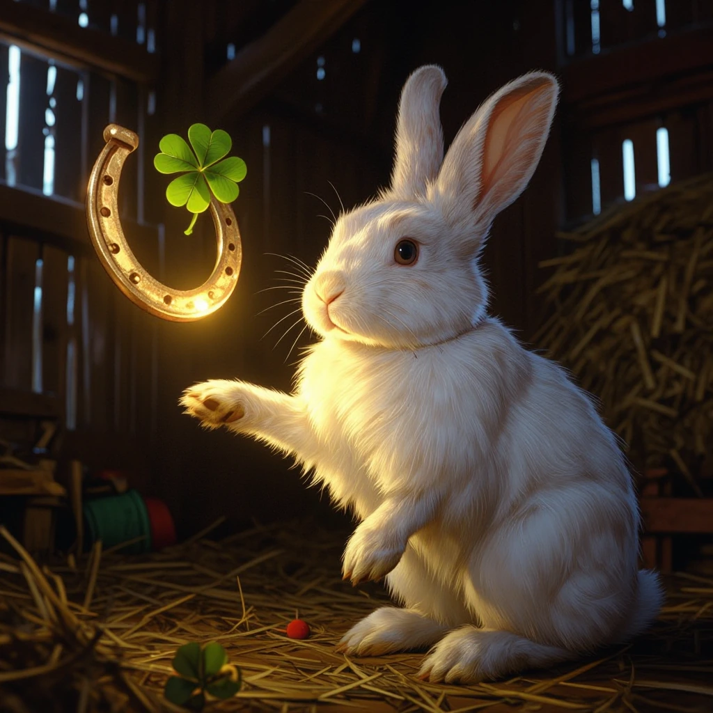 A Rabbit sitting on it's haunches with one foot held out covered by a glowing light. A Horseshoe floating in mid-air also glowing and a 4 leaf clover 