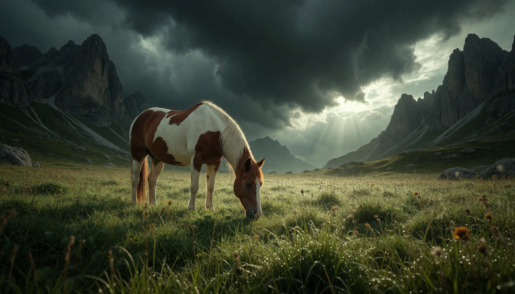 Capture a sweeping landscape photograph of a paint horse standing in a lush green meadow, head lowered as it grazes peacefully on thick, dewy grass. T
