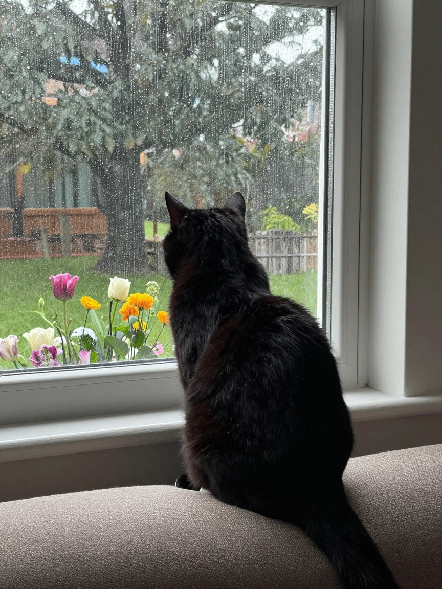 Black cat on the back of a couch looking out the window. Rainy day amateur photo. Flowers.