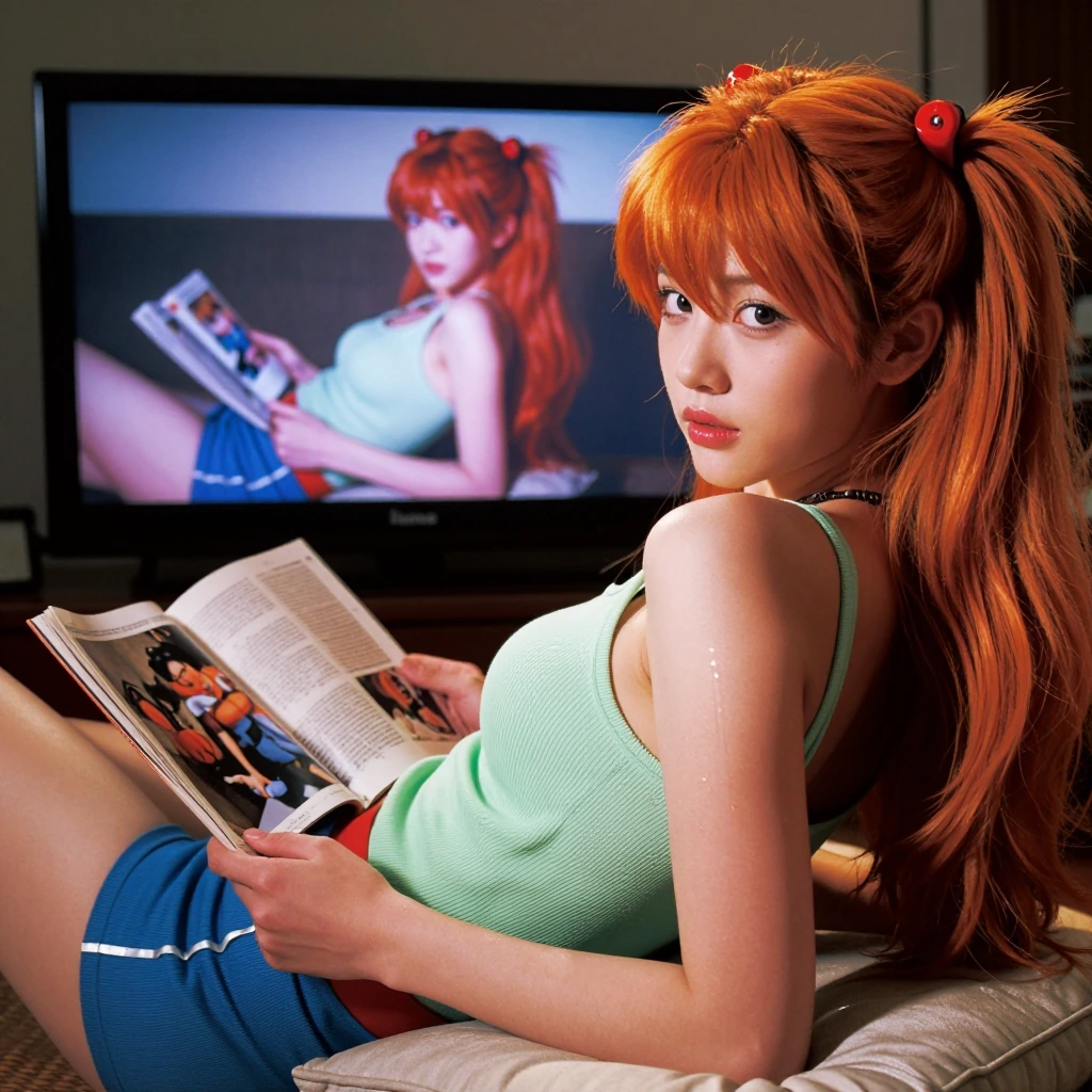 Digital photography, close-up shot, direct flash lighting creating strong specular highlights and reflections, slightly grainy texture, sharp foreground focus with blurred background, young woman cosplaying Asuka Langley Soryu from Evangelion. She ha